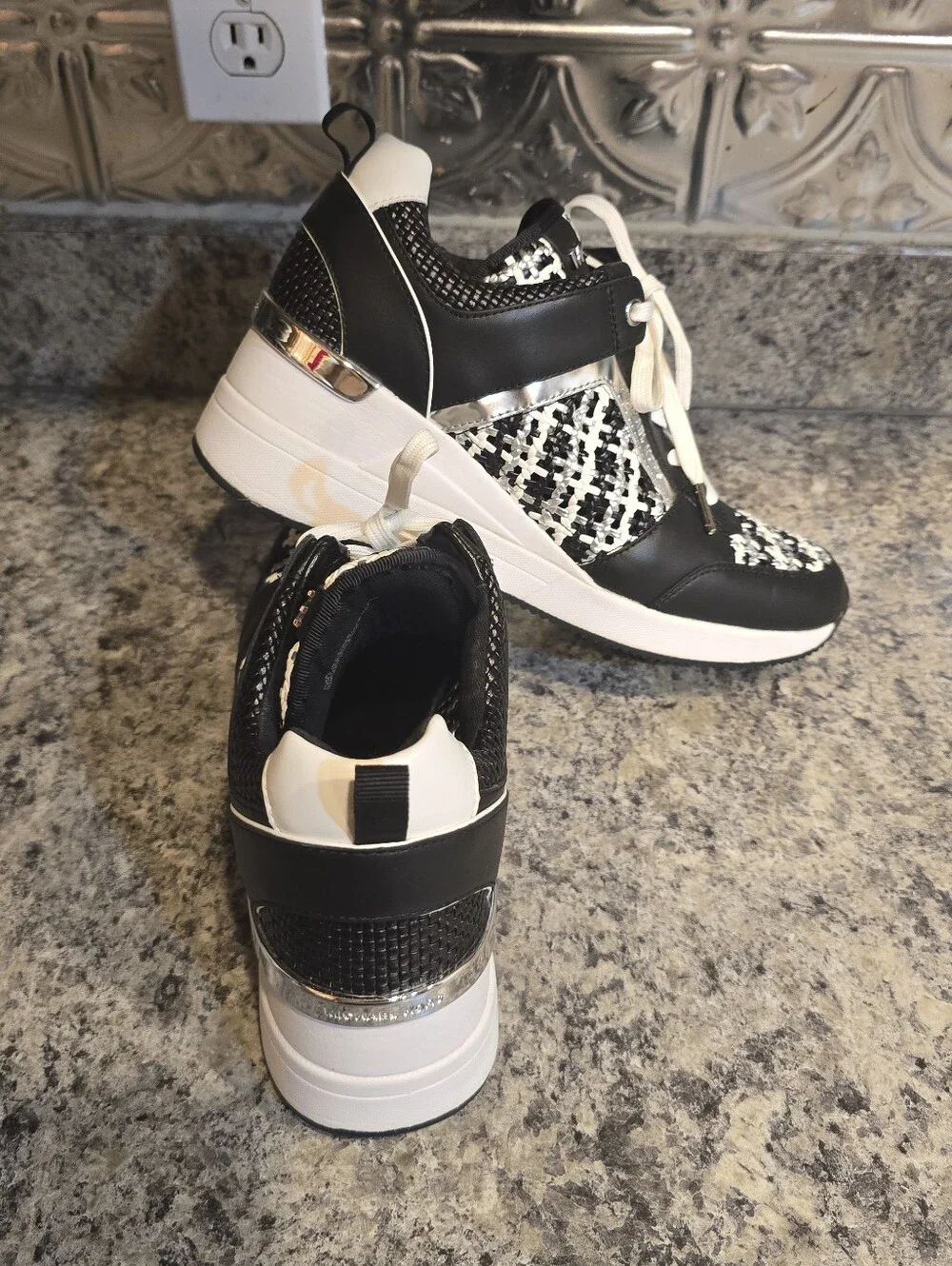 Michael Kors Georgie Black/White/Silver/Plaid Trainer Wedge Sneakers Size 9